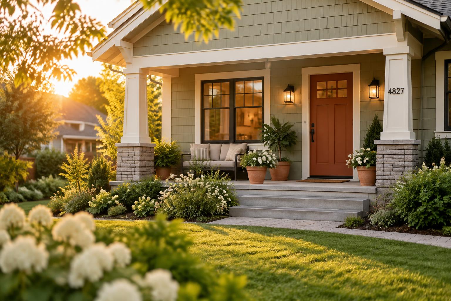 A freshly prepped craftsman home at golden hour